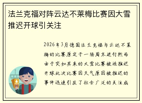 法兰克福对阵云达不莱梅比赛因大雪推迟开球引关注